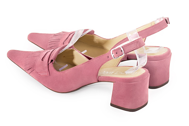 Carnation pink women's slingback shoes. Pointed toe. Medium block heels. Rear view - Florence KOOIJMAN